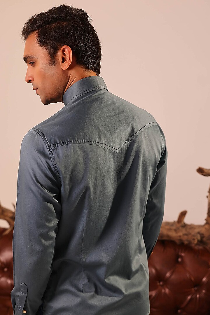 Blue Cotton Hand Embroidered Wedding Shirt by Abkasa at Pernia's Pop Up Shop