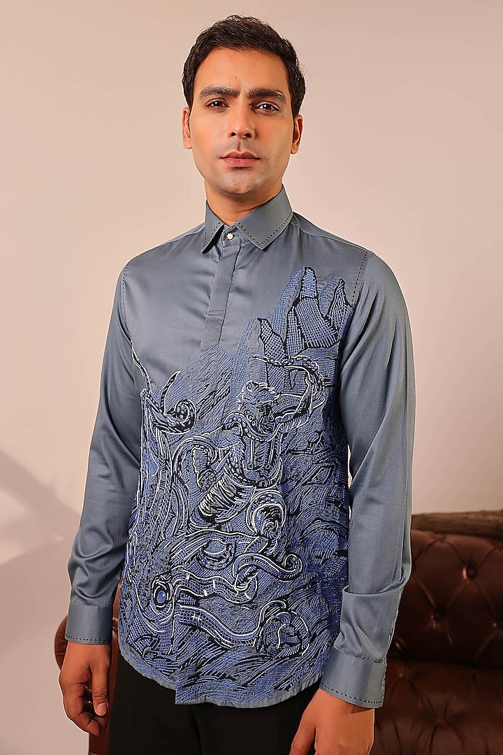 Blue Cotton Hand Embroidered Shirt by Abkasa at Pernia's Pop Up Shop