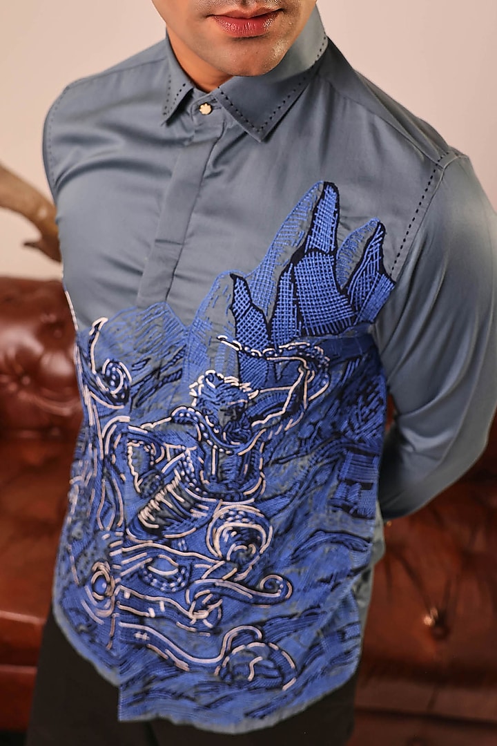 Blue Cotton Hand Embroidered Wedding Shirt by Abkasa at Pernia's Pop Up Shop