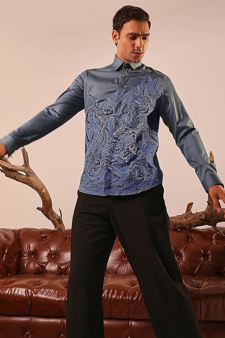 Blue Cotton Hand Embroidered Wedding Shirt by Abkasa at Pernia's Pop Up Shop