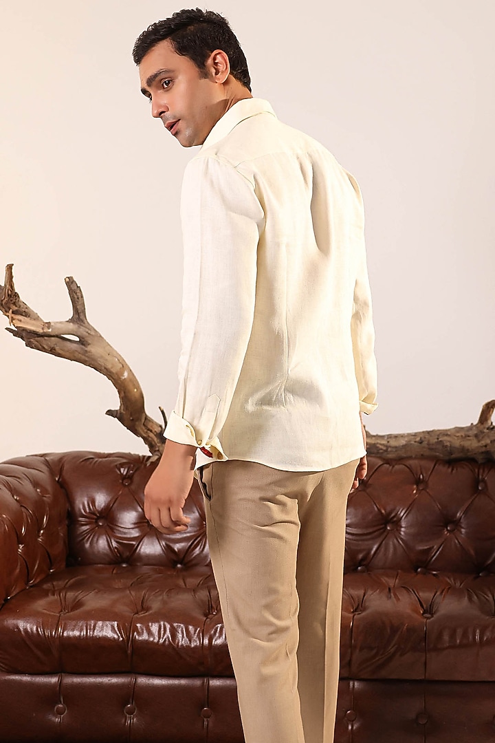 Lime Yellow Pure Linen Floral Hand Embroidered Wedding Shirt by Abkasa at Pernia's Pop Up Shop