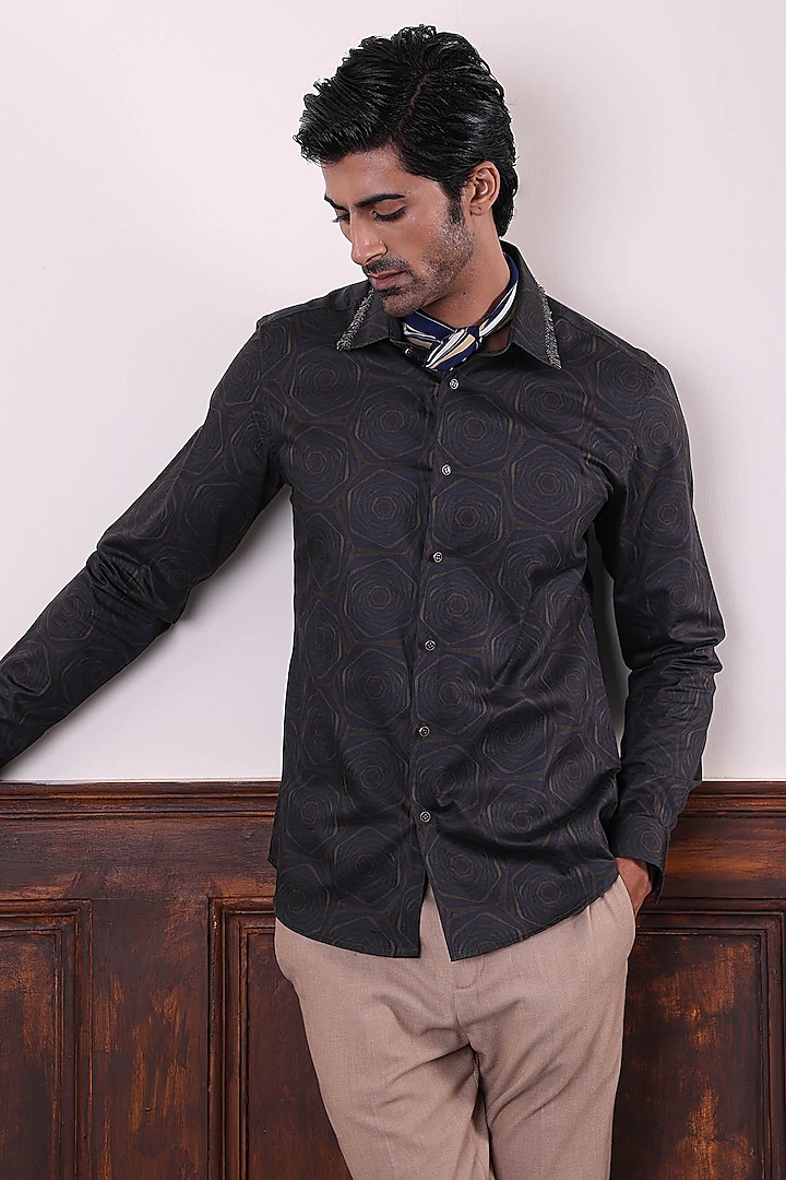 Black Cotton Printed Shirt by Abkasa