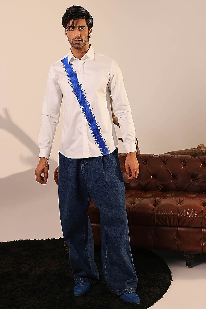 White Cotton Thread Embroidered Party Wear Shirt by Abkasa at Pernia's Pop Up Shop