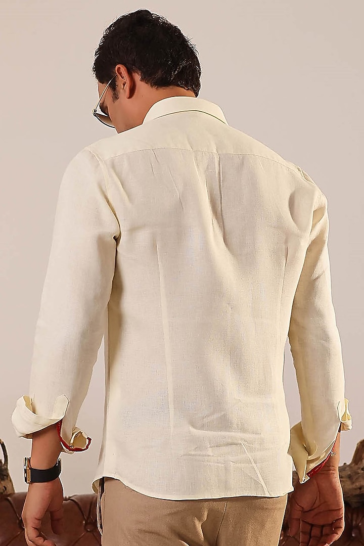 Lime Yellow Pure Linen Floral Hand Embroidered Party Wear Shirt by Abkasa at Pernia's Pop Up Shop