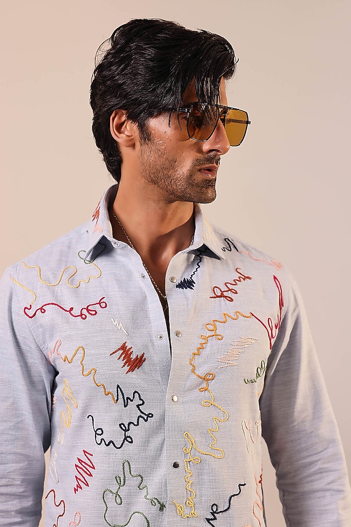 Powder Blue Cotton Hand Embroidered Party Wear Shirt by Abkasa at Pernia's Pop Up Shop