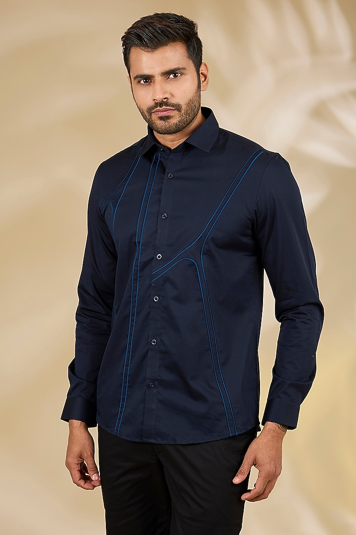 Navy Blue Cotton Party Wear Shirt by Abkasa at Pernia's Pop Up Shop