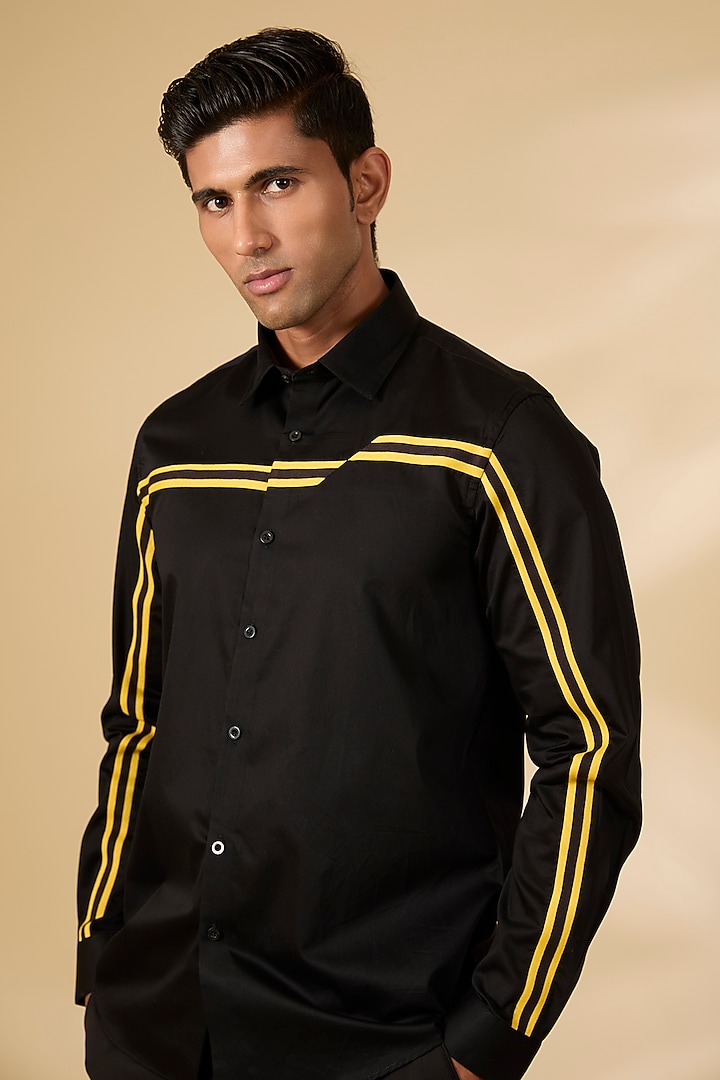 Black Cotton Satin Party Wear Shirt by Abkasa at Pernia's Pop Up Shop