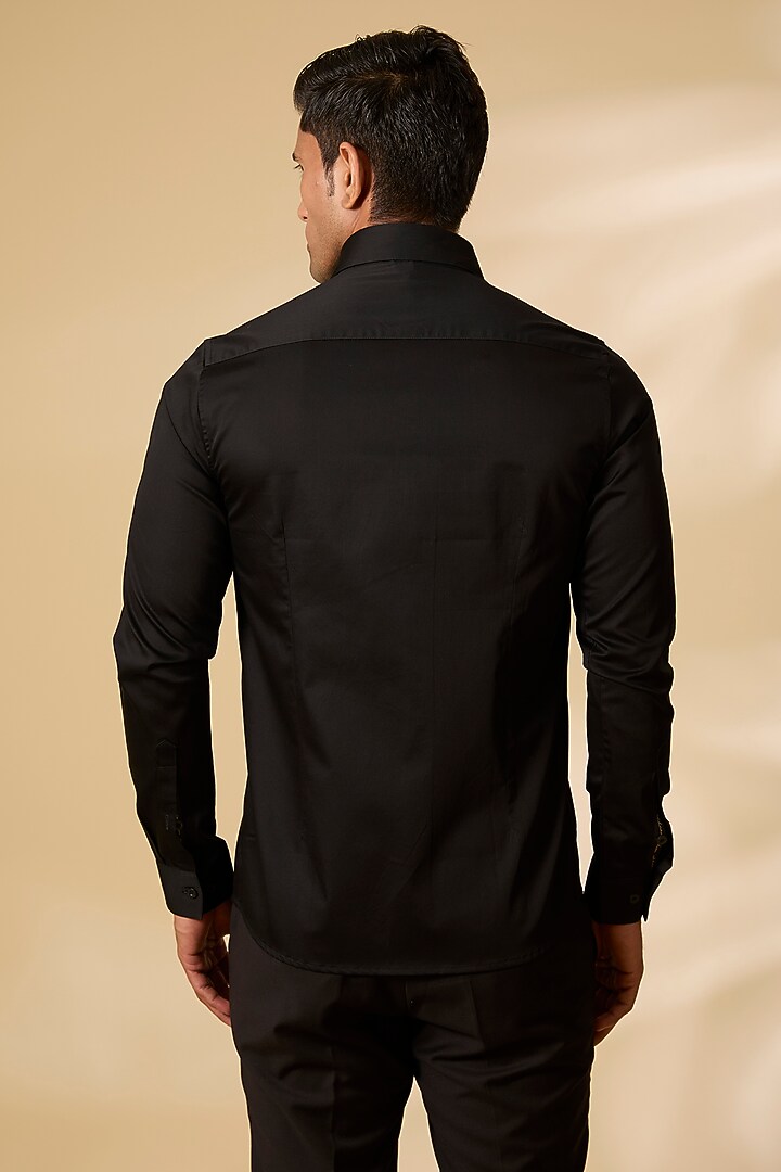Black Cotton Satin Party Wear Shirt by Abkasa at Pernia's Pop Up Shop