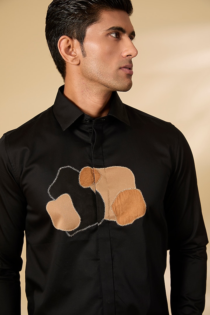 Black Cotton Satin Party Wear Shirt by Abkasa at Pernia's Pop Up Shop