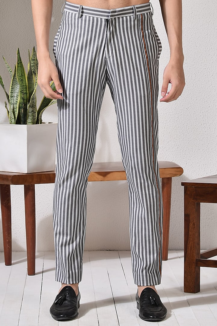 Grey & White Cotton Trousers by Abkasa