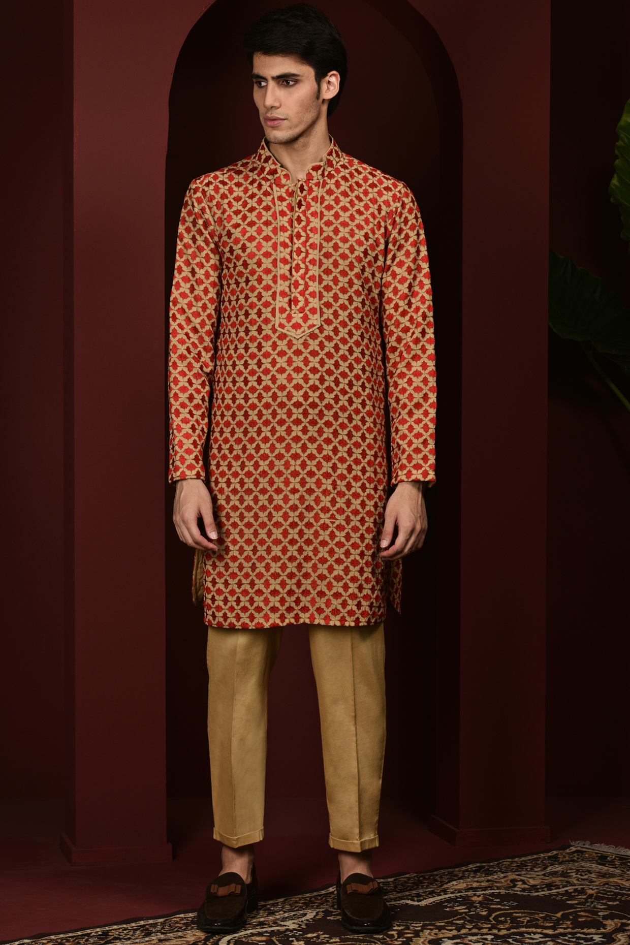 Red & Beige Embroidered Kurta Set by Abkasa at Pernia's Pop Up Shop
