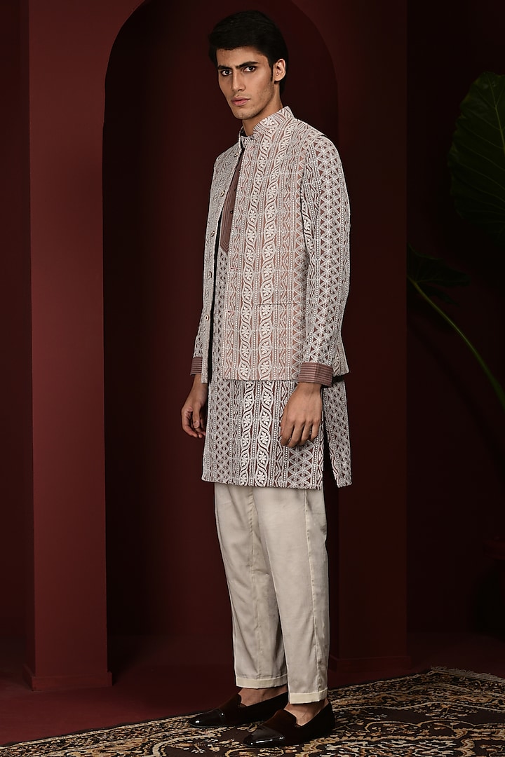 Mauve Chikankari Kurta Set With Nehru Jacket by Abkasa