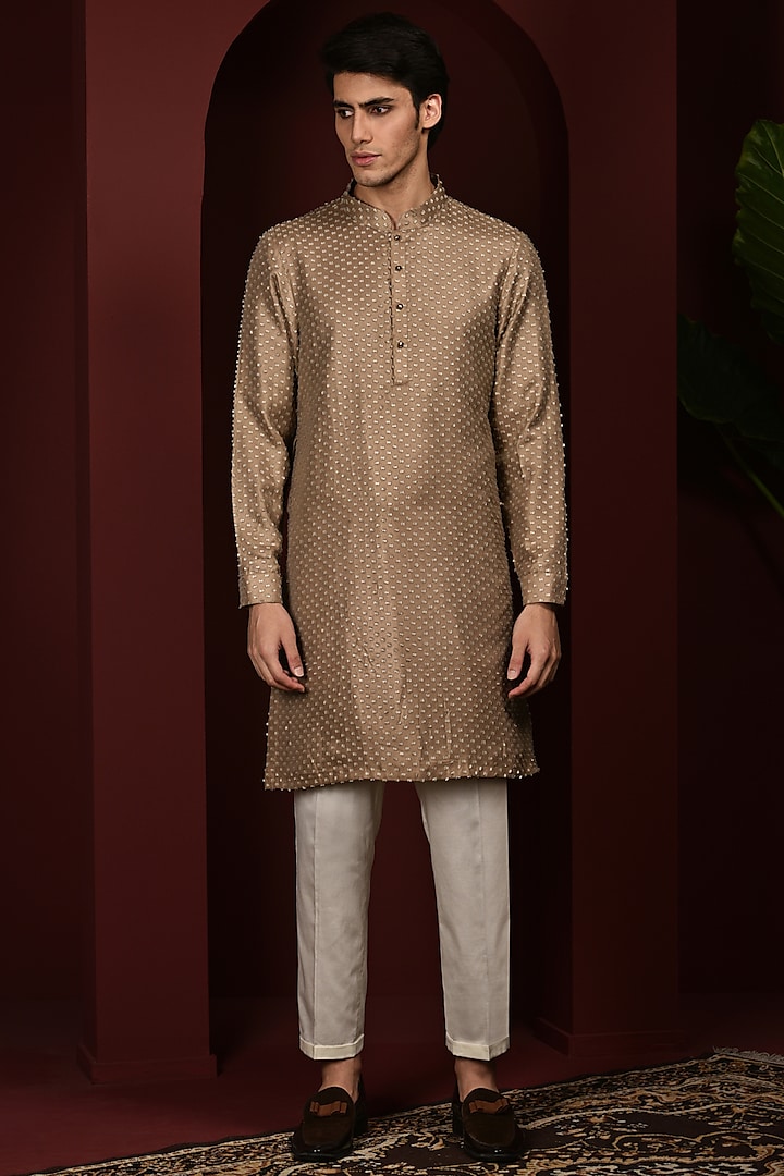 Pastel Bronze Embroidered Kurta Set by Abkasa