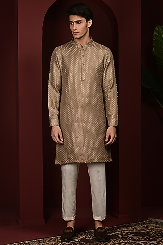 Pastel Bronze Embroidered Kurta Set by Abkasa