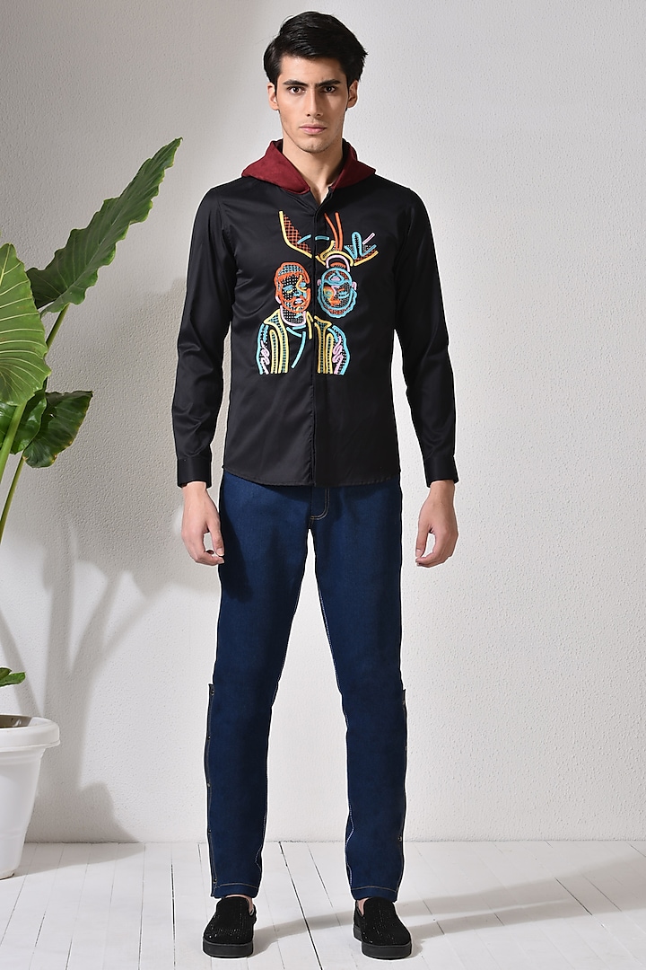 Black Embroidered Shirt With Hoodie by Abkasa