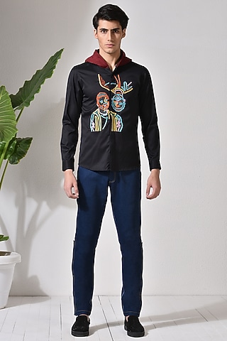 Black Cotton Embroidered Shirt Hoodie by Abkasa