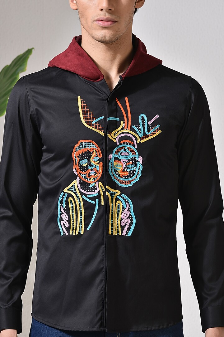 Black Cotton Embroidered Shirt Hoodie by Abkasa at Pernia's Pop Up Shop
