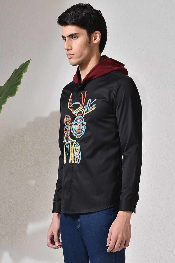 Black Cotton Embroidered Shirt Hoodie by Abkasa at Pernia's Pop Up Shop