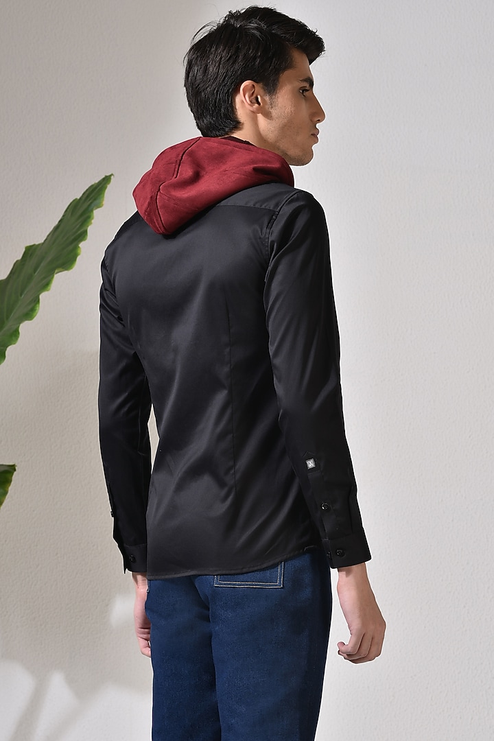 Black Cotton Embroidered Shirt Hoodie by Abkasa at Pernia's Pop Up Shop