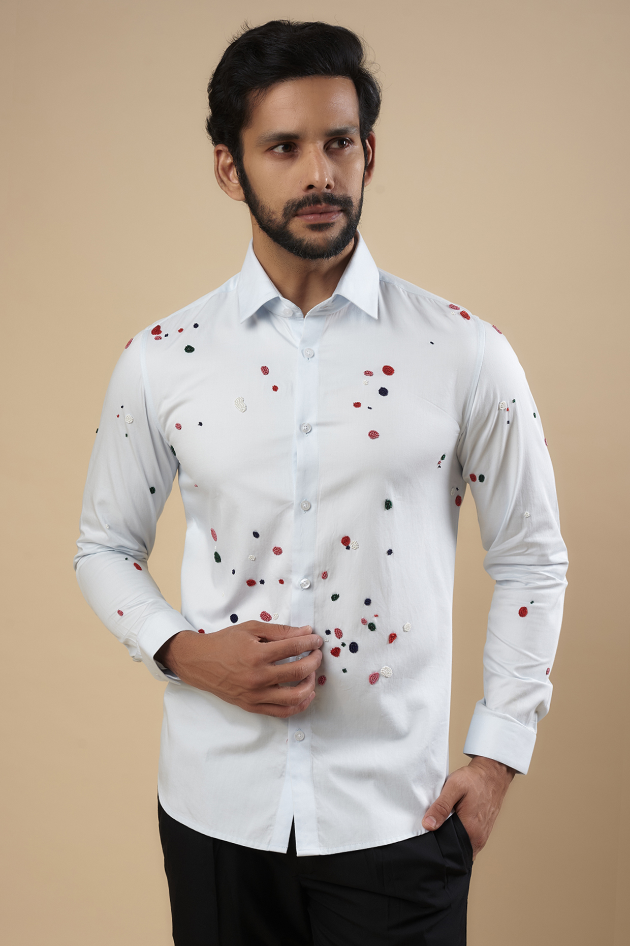 Light Blue Cotton Beads Embroidered Shirt by Abkasa