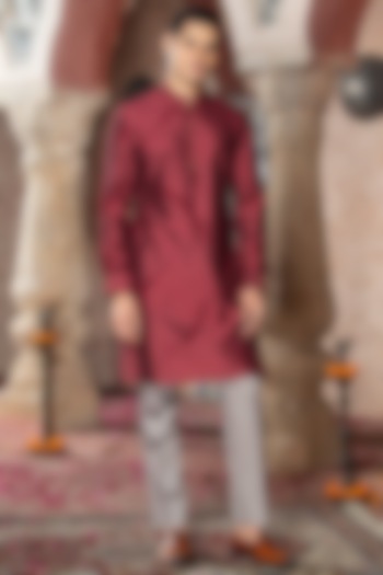 Red Silk Kurta Set by Abkasa at Pernia's Pop Up Shop