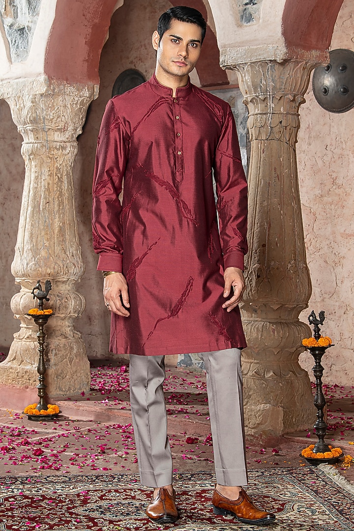 Red Silk Kurta Set by Abkasa at Pernia's Pop Up Shop