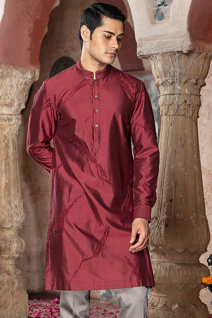 Red Silk Kurta Set by Abkasa at Pernia's Pop Up Shop