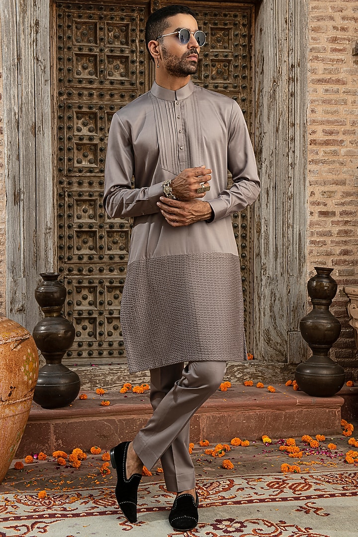 Grey Silk Kurta Set by Abkasa at Pernia's Pop Up Shop