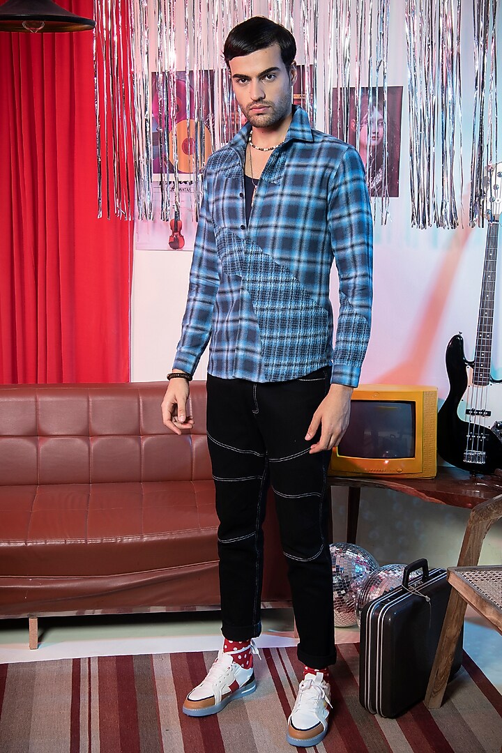 Blue Cotton Checkered Party Wear Shirt by Abkasa at Pernia's Pop Up Shop