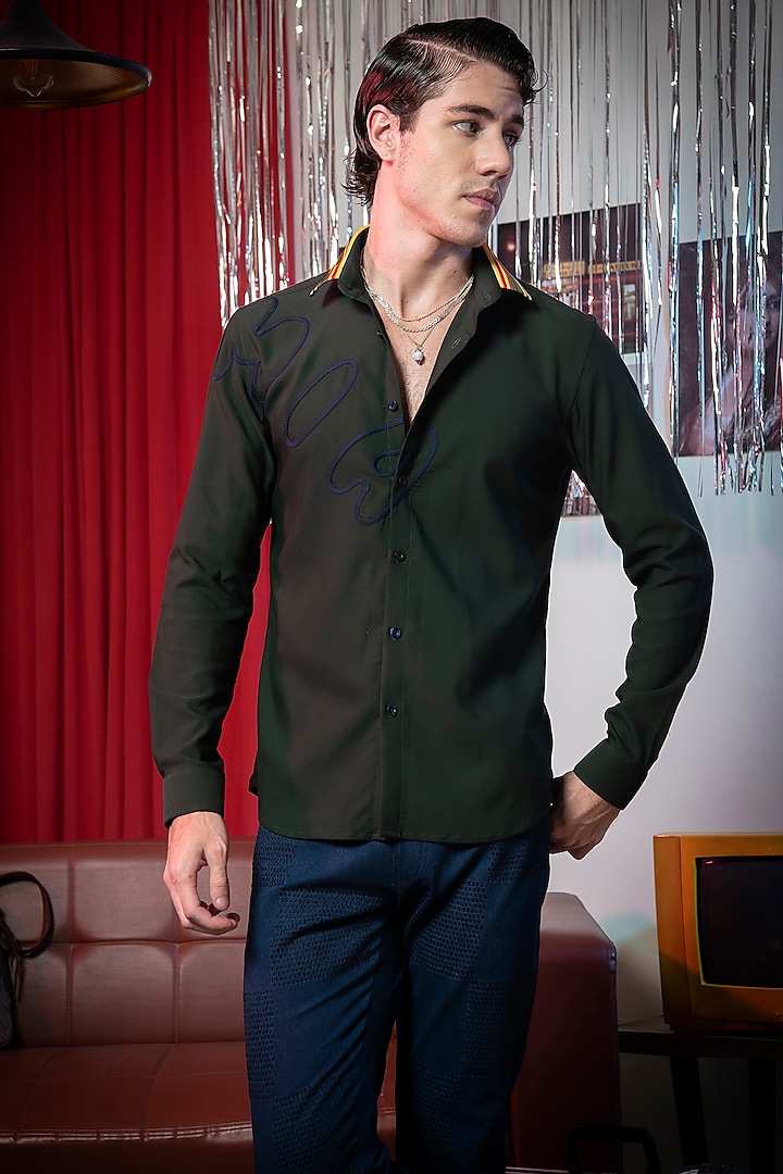 Green Poly Viscose Embroidered Shirt by Abkasa