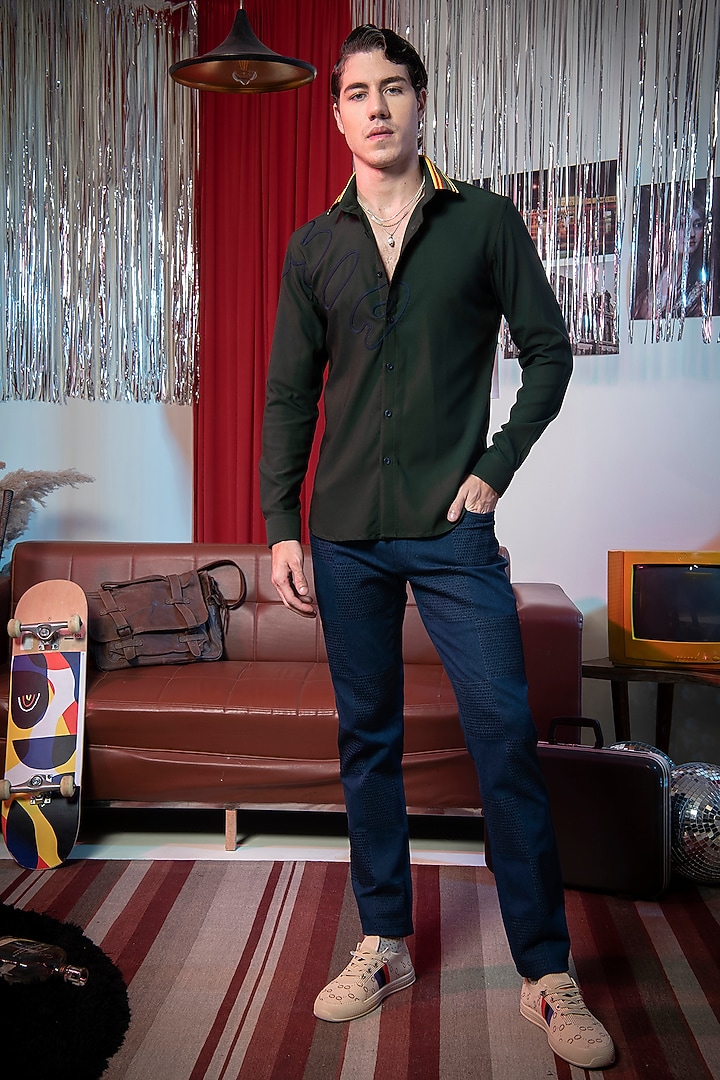 Green Poly Viscose Applique Work Party Wear Shirt by Abkasa at Pernia's Pop Up Shop