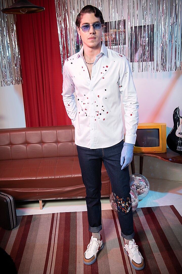 White & Light Blue Cotton Bead Work Party Wear Shirt by Abkasa at Pernia's Pop Up Shop