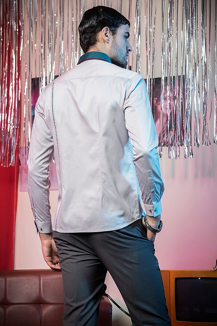 Grey Cotton Embroidered Party Wear Shirt by Abkasa at Pernia's Pop Up Shop