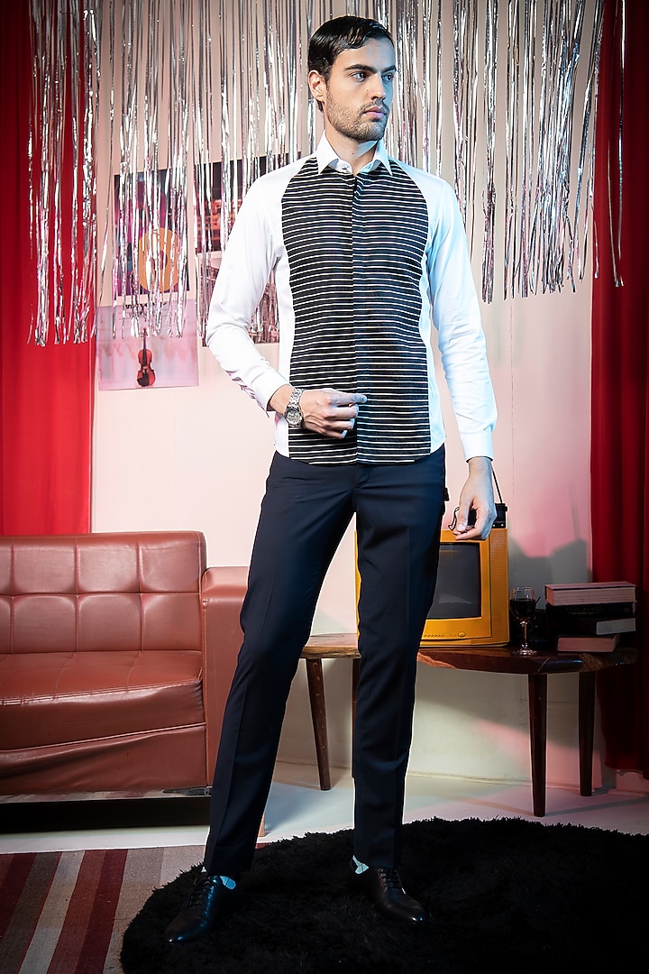 White & Black Cotton Striped Party Wear Shirt by Abkasa at Pernia's Pop Up Shop