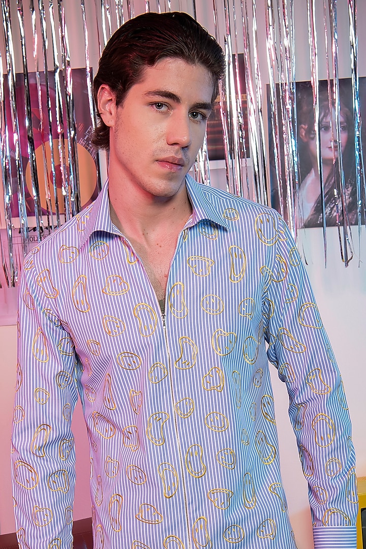Blue Cotton Striped & Embroidered Party Wear Shirt by Abkasa at Pernia's Pop Up Shop