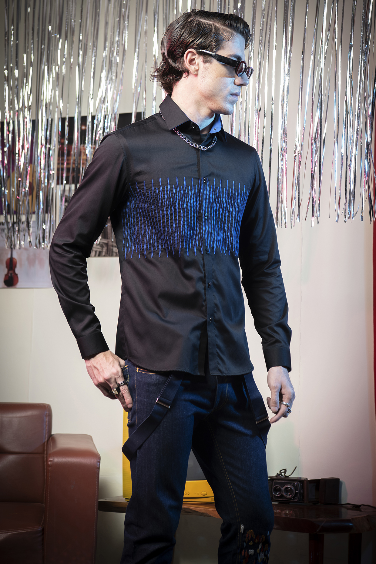 Black Cotton Embroidered Shirt by Abkasa