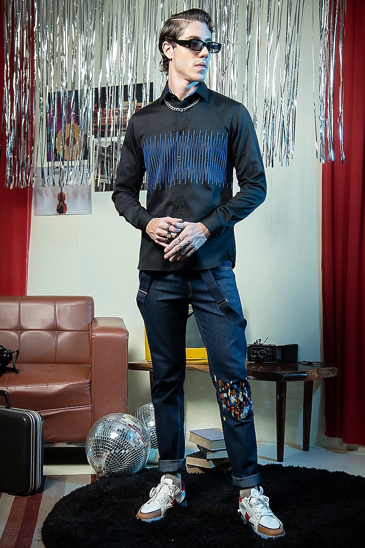 Black Cotton Embroidered Summer Shirt by Abkasa at Pernia's Pop Up Shop