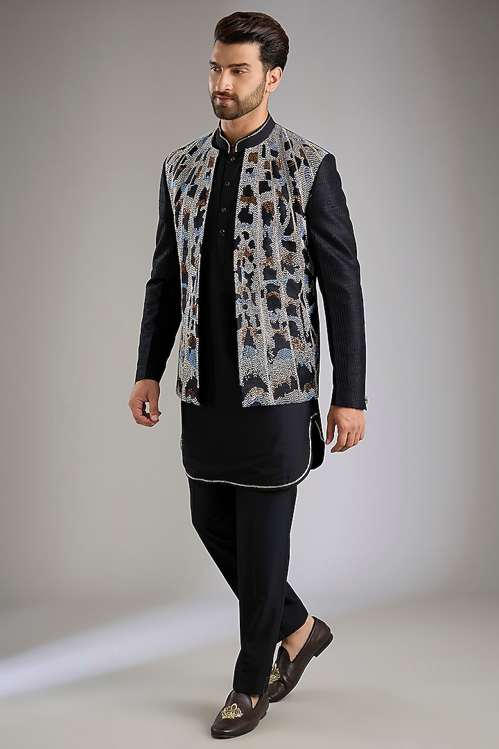 Black Silk Wedding Indowestern Set by Abkasa at Pernia's Pop Up Shop