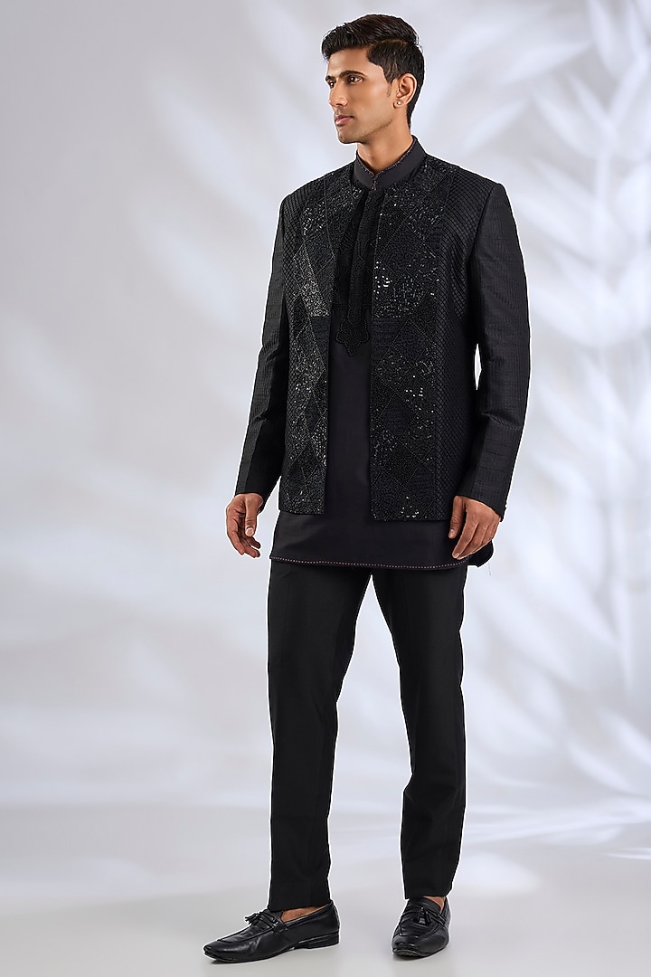 Black Silk Wedding Indowestern Set by Abkasa at Pernia's Pop Up Shop