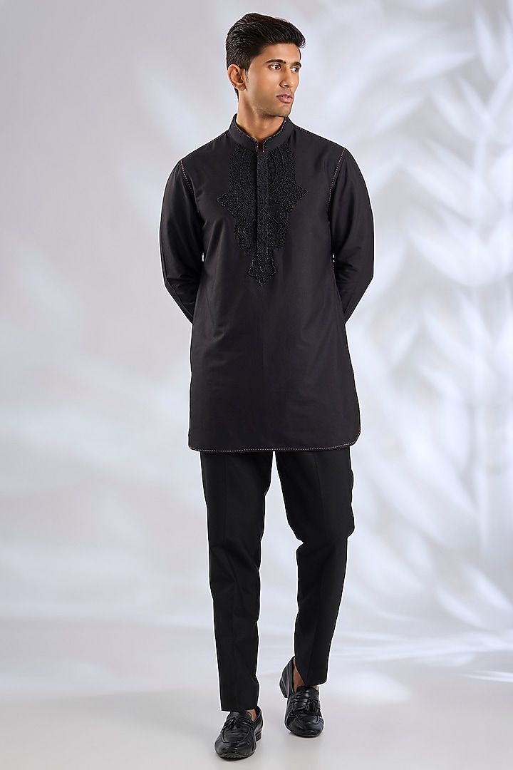 Black Silk Wedding Indowestern Set by Abkasa at Pernia's Pop Up Shop