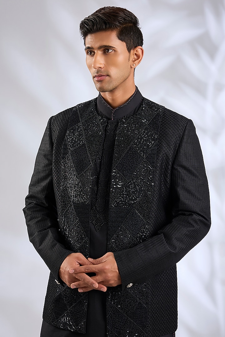 Black Silk Wedding Indowestern Set by Abkasa at Pernia's Pop Up Shop