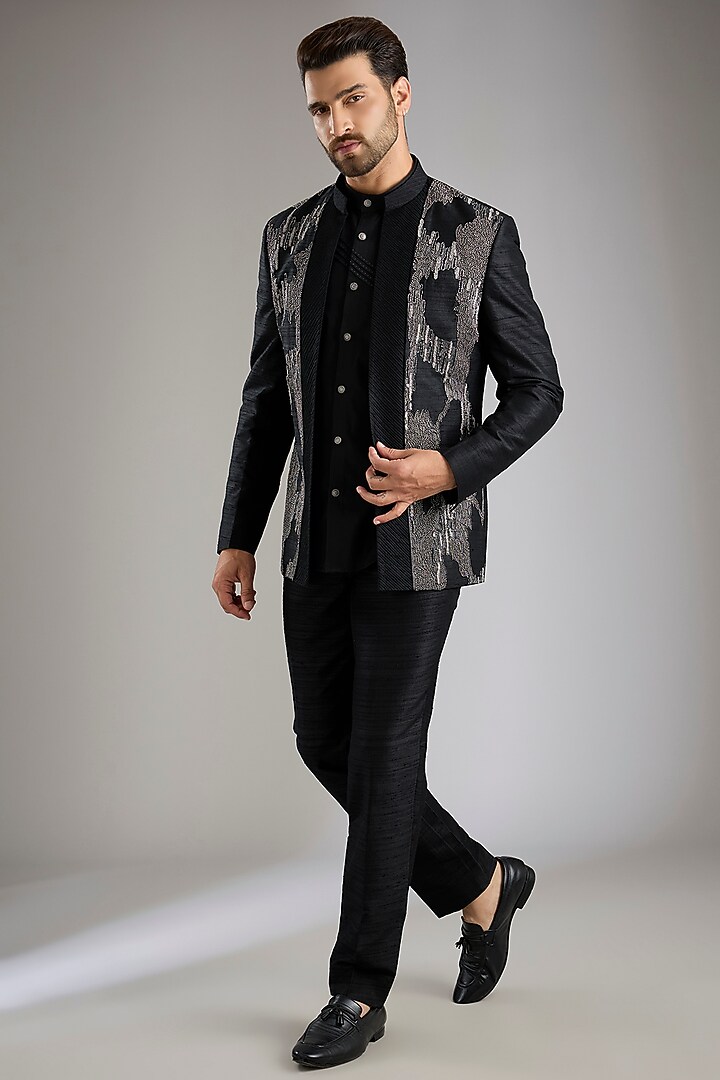 Black Silk Wedding Indowestern Set by Abkasa at Pernia's Pop Up Shop