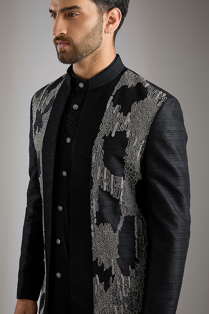 Black Silk Wedding Indowestern Set by Abkasa at Pernia's Pop Up Shop