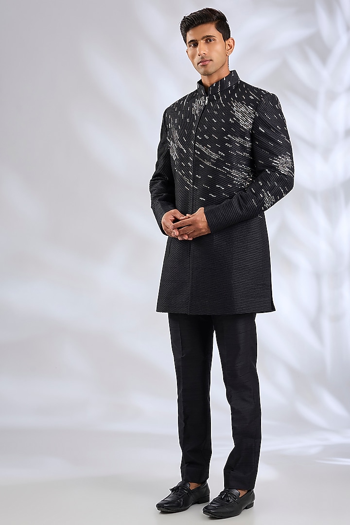 Black Silk Wedding Indowestern Set by Abkasa at Pernia's Pop Up Shop