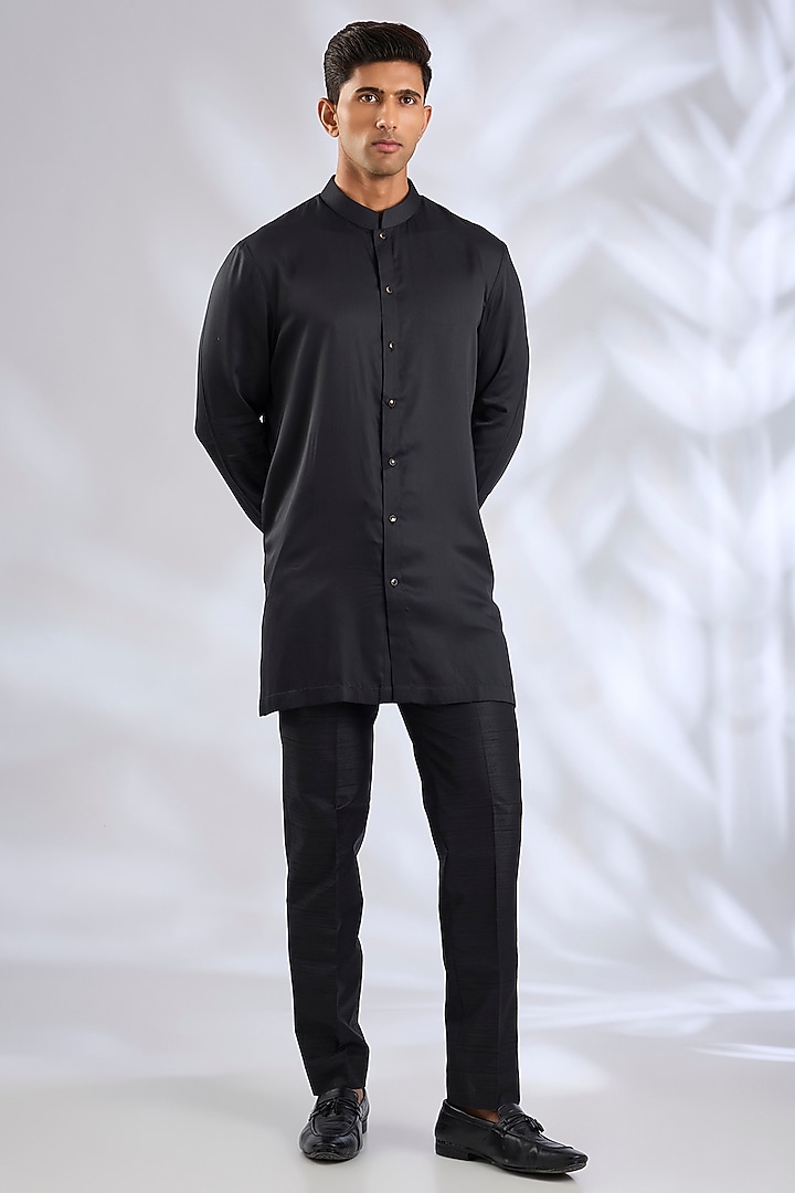 Black Silk Wedding Indowestern Set by Abkasa at Pernia's Pop Up Shop