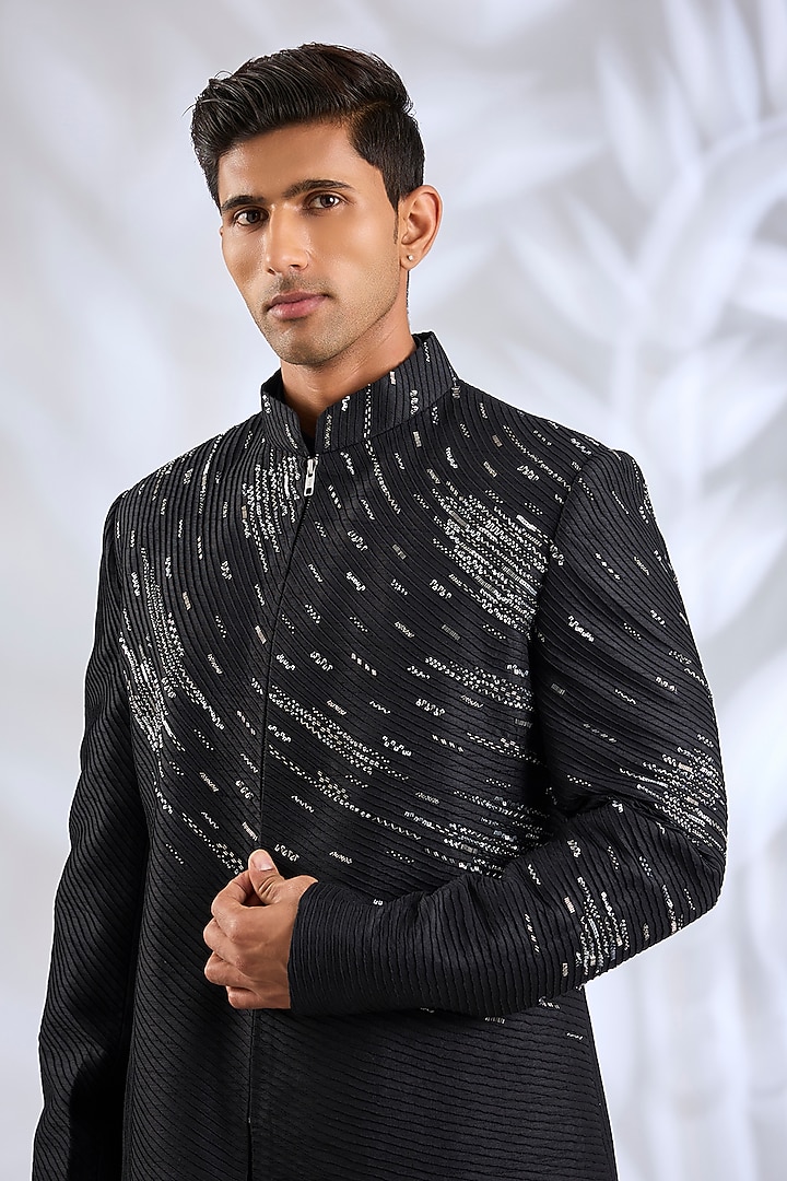 Black Silk Wedding Indowestern Set by Abkasa at Pernia's Pop Up Shop