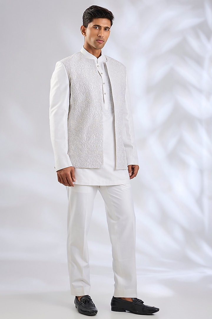 White Silk Wedding Indowestern Set by Abkasa at Pernia's Pop Up Shop