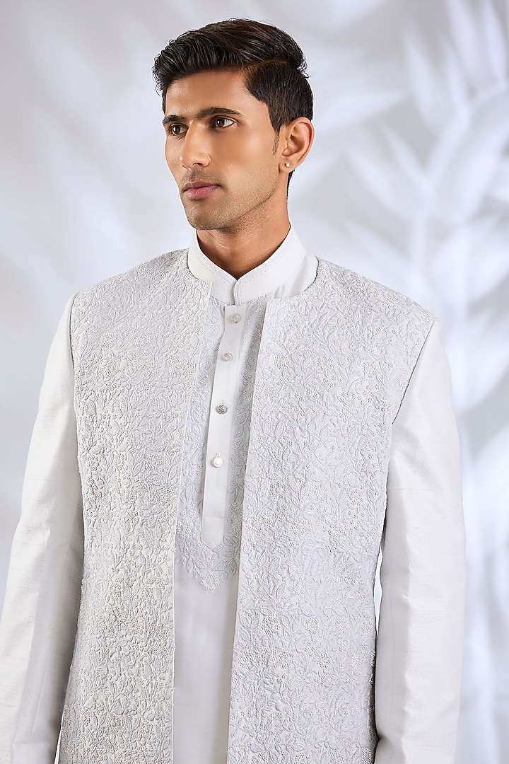 White Silk Wedding Indowestern Set by Abkasa at Pernia's Pop Up Shop