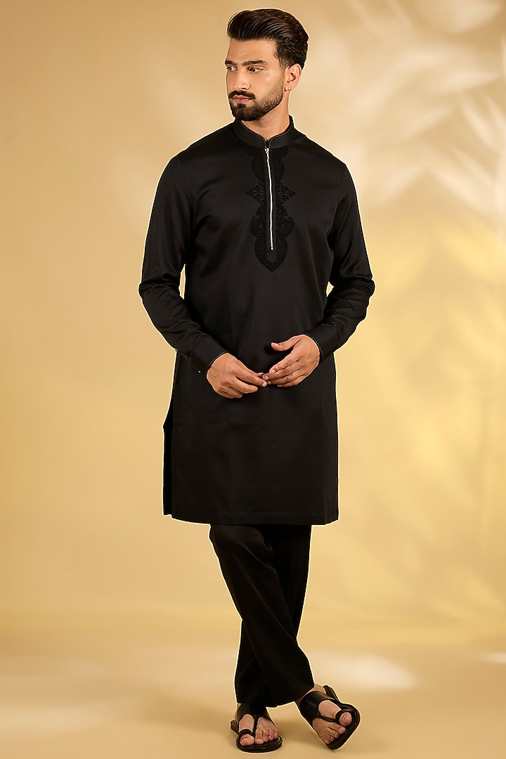 Black Cotton Silk Kurta Set by Abkasa at Pernia's Pop Up Shop
