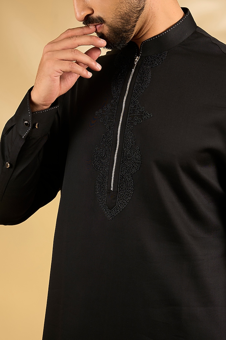 Black Cotton Silk Kurta Set by Abkasa at Pernia's Pop Up Shop